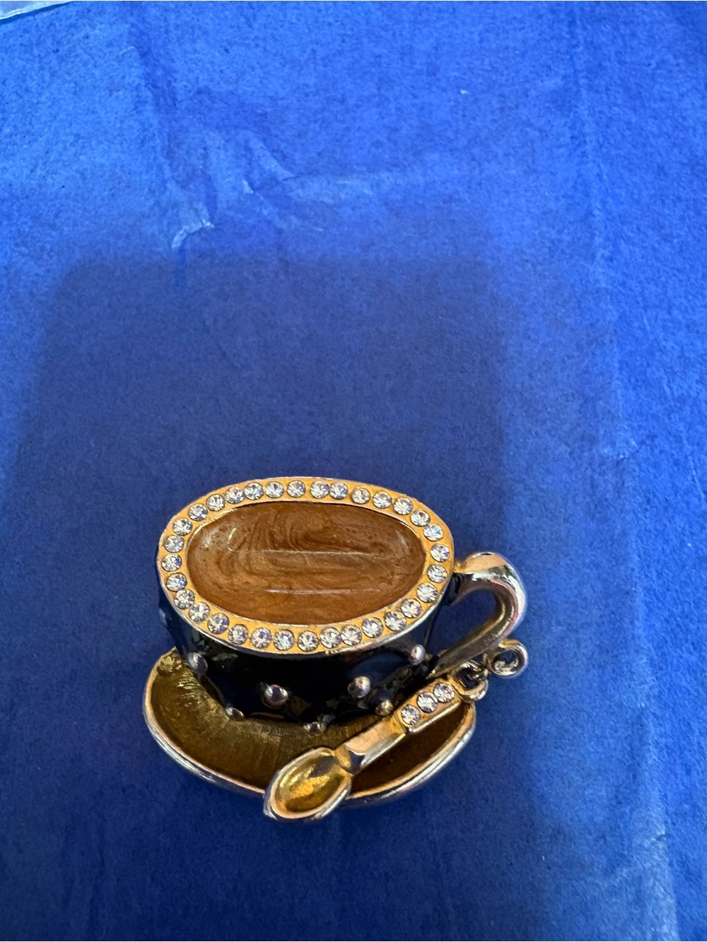 Gold and Black Teacup Brooch with Crystal Accents